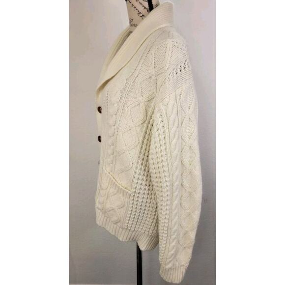 The Broadway Grandpa Cardigan Sweater Large Cable Knit Shawl Collard Fisherman - Picture 5 of 11